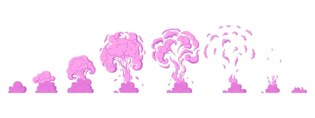 Cartoon pink dust clouds animation smoke silhouette sprite flat vector symbols illustration set