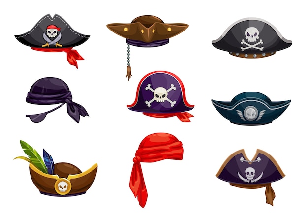 Vettore cartoon pirata bandana e marinaio tricorno o tricorno set, icone vettoriali. pirata pirata o corsaro costumi di carnevale cappelli con teschio e ossa incrociate di allegro bandiera roger, sciabole e piume