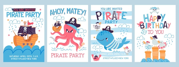 아이들을 위한 만화 해적 생일 파티 초대장. 해적선, 문어, 갈매기, 고래 벡터 세트가 있는 행복한 바다 모험 포스터