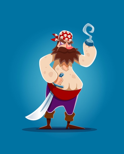 Cartoon pirate captain corsair with hook hand