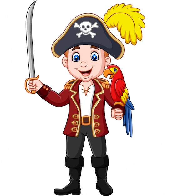 Cartoon pirate captain holding sword with macaw bird