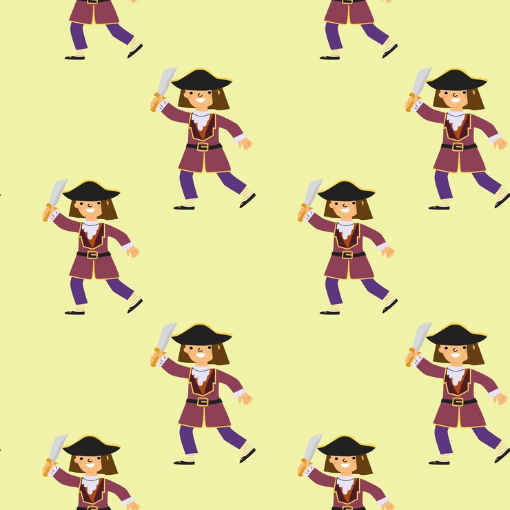 Vector cartoon pirate characters in purple outfits on yellow background