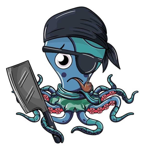 Vector cartoon pirate cyborg octopus character with eye patch smoking pipe and holding butcher knife illustration for fantasy science fiction and adventure comics