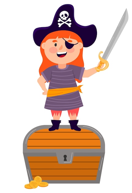 Vector cartoon pirate kid with sword chests with treasures vector illustration in flat style