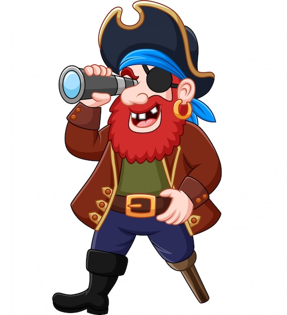 Мультяшный пират смотрит в бинокль