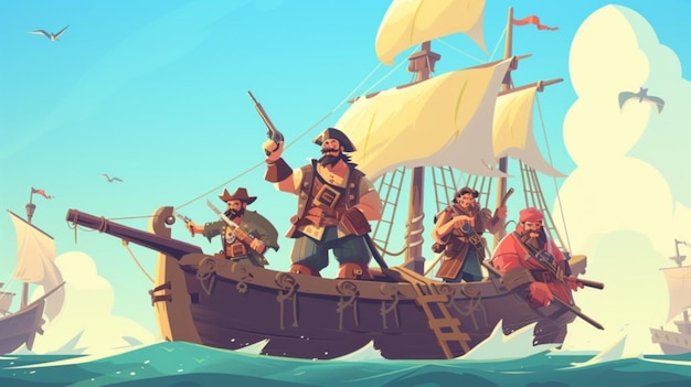 Vettore un cartone animato di una nave pirata con una pistola sulla parte anteriore