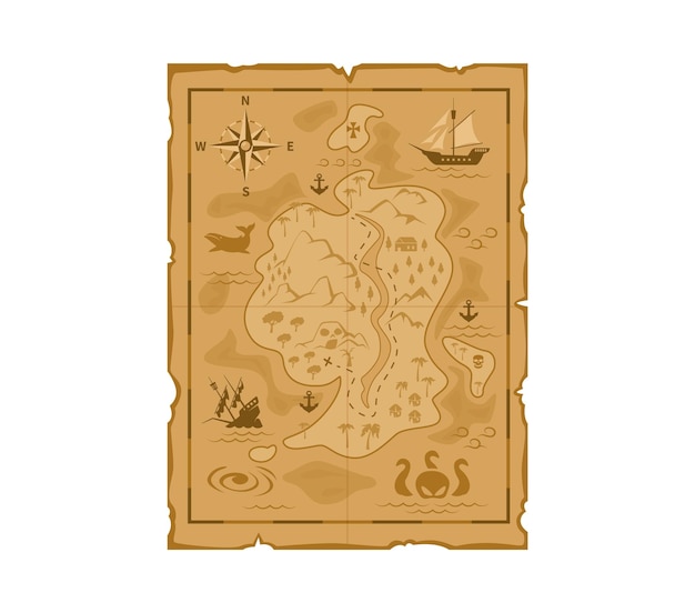 Cartoon pirate treasures map vintage parchment