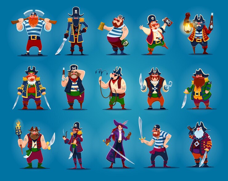 Vector cartoon piraten kapitein zeeman corsair personages