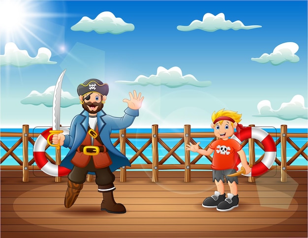 Cartoon pirates on a decks of a ship