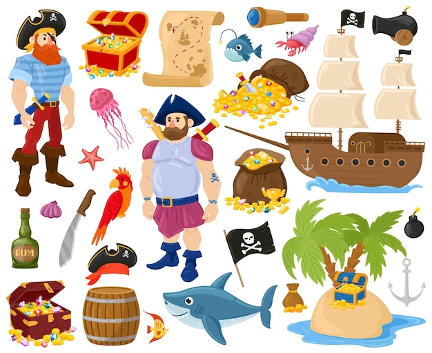 Cartoon pirates, sea fish, treasure chest, marine ship. Pirate sailor characters, golden treasure ship and map vector illustration set. Pirate ocean adventures. Pirate marine, chest with treasure