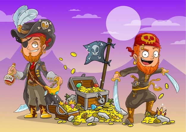 Cartoon pirates with rum and treasure chests