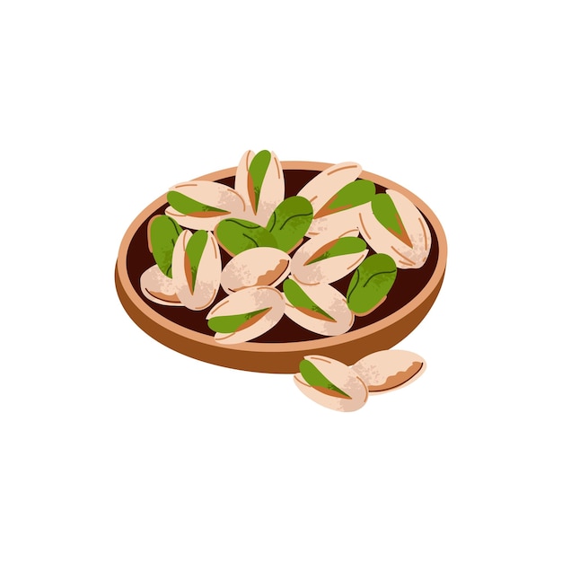 Cartoon pistache op bord Noten in schil en gepelde stukken Gezond voedsel Diëtet snack Biologisch vegetarisch element Hele en halve Natuurlijke plantaardige ingrediënt verpakkingsontwerp Vector geïsoleerde illustratie