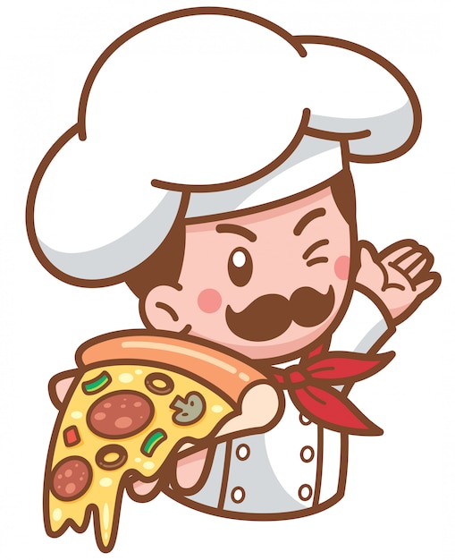 Cartoon pizza chef-kok presenteert voedsel