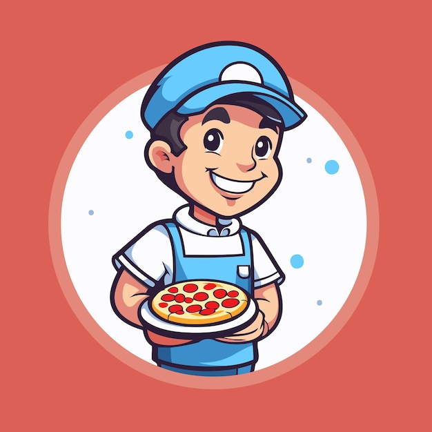 Cartoon pizza delivery boy holding a pizza in his hand Vector illustration