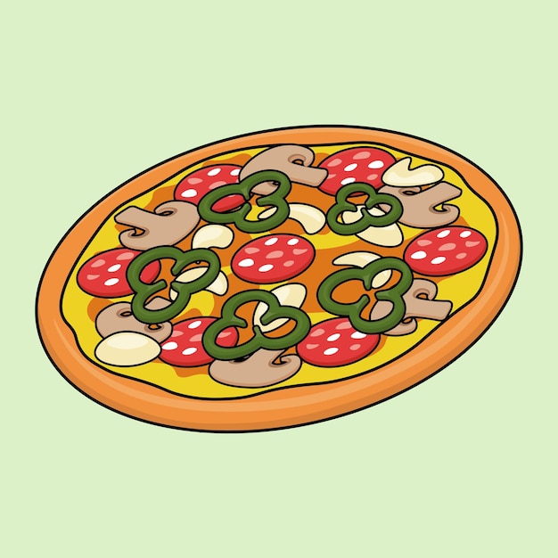 Cartoon pizza with salami mushrooms green paprika and mozzarela