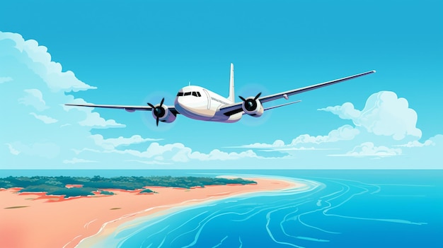 Vettore un cartone animato di un aereo che vola sopra l'oceano con le parole l'aereo in fondo