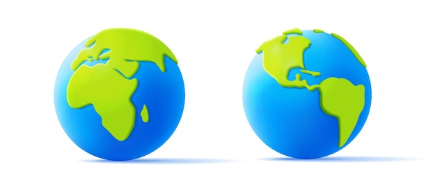 Cartoon planeet aarde 3D-vector pictogram in groene en blauwe kleuren volume continenten 3D renderen stijl