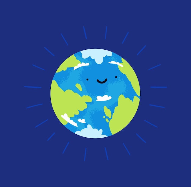 Cartoon planet Earth shining on a blue background Vector cute illustration of colored globe