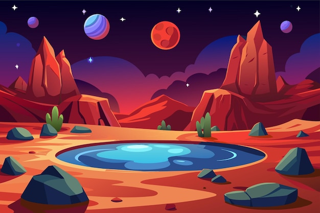 Vector a cartoon of a planet with a pool of water and planets