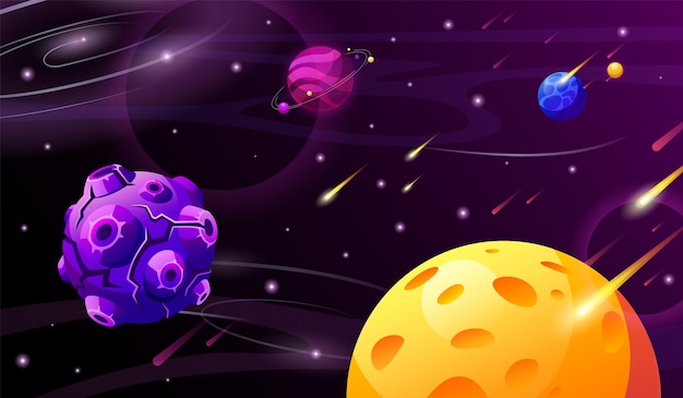 Cartoon planets in space Planet in cosmos starry universe background Galaxy science landscape for digital game world garish vector illustration