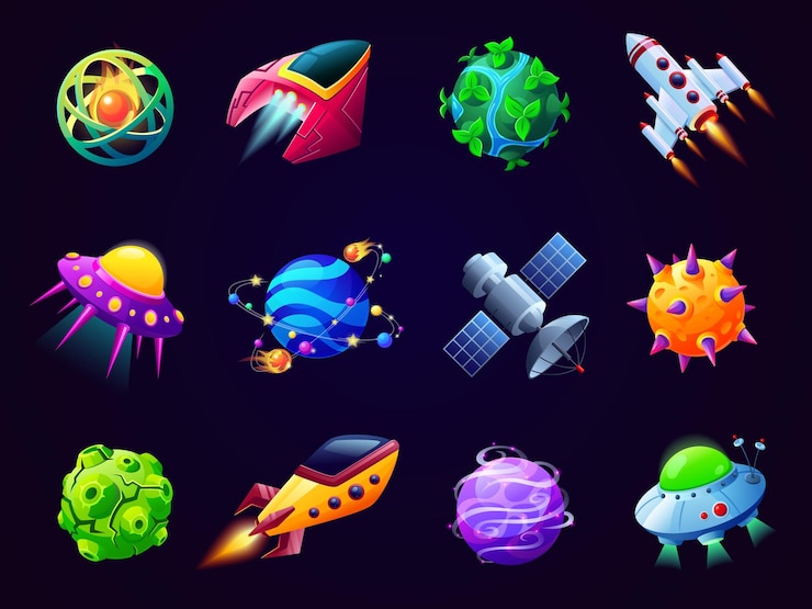 Vector 漫画の惑星と宇宙船ゲーム宇宙船美しい宇宙軌道要素コスモス クリップアート ロケットとファンタジー惑星派手なベクトル コレクション