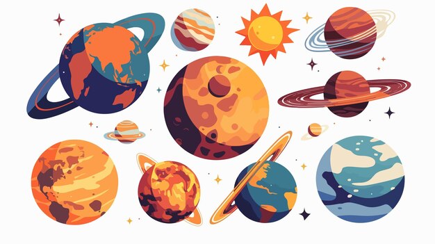 Vector a cartoon of planets with the sun and the sun on the top