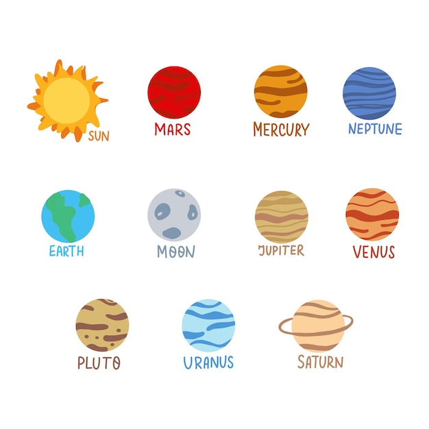 Vector cartoon plantes set solar system astronomical kids clipart