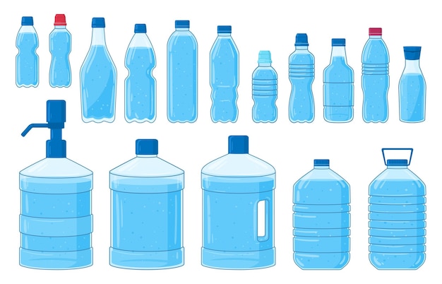 Vector cartoon plastic bottles water plastic containers empty bottles of various shapes mineral water flasks flat vector illustration set transparent plastic water bottle collection