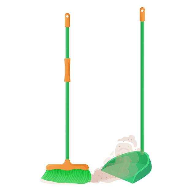 Cartoon plastic broom and scoop set Broom sweeps dust and dirt Housework cleaning services householdconcept Equipment for cleaning element isolated on white background Stock vector illustration