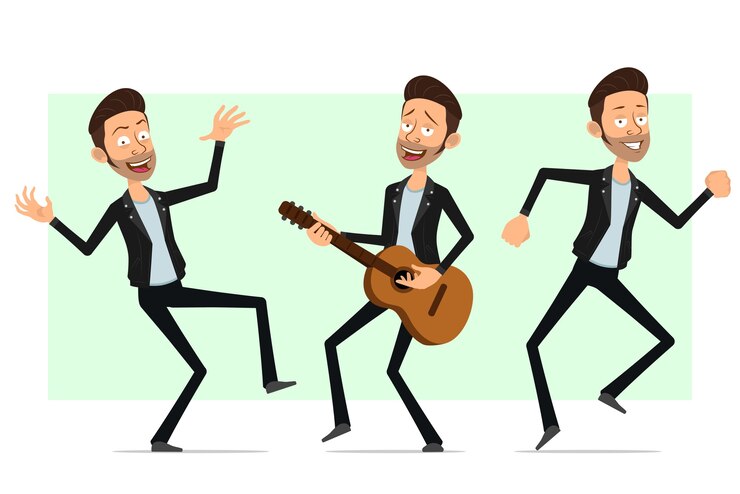 Cartoon plat bebaarde rock-'n-roll man karakter in leren jas. Lachende jongen spelen op gitaar en dansen.