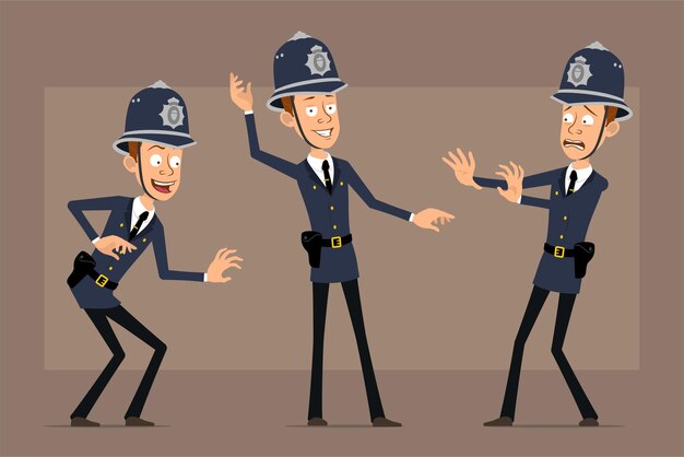 Cartoon plat grappige Britse politieagent karakter in blauwe helm hoed en uniform. Jongen poseren, sluipen en stop laten zien.