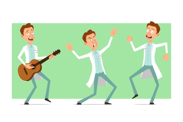 Cartoon plat grappige dokter man karakter in wit uniform met badge. Jongen springen, dansen en spelen op gitaar.