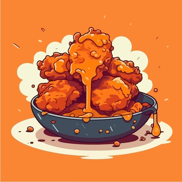 Vector a cartoon of a plate of fried chicken with a sauce dripping down the side.