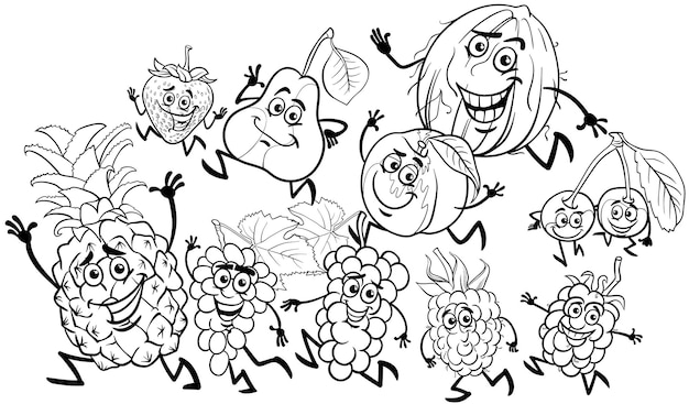 Cartoon playful fruit characters group coloring page