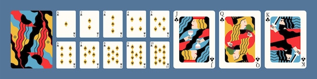 Cartoon playing cards original design clubs vector flat editorial illustration. Full deck jack, queen, king for poker and blackjack. Set of card with creative suit for casino game isolated.