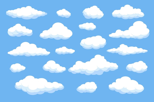 Cartoon pluizige wolken Cumulus bewolkte vormen verschillende maten Afgeronde samengestelde objecten op blauwe hemel Atmosferische fenomenen Hemelverdamping Vector cloudscape geïsoleerde elementen set