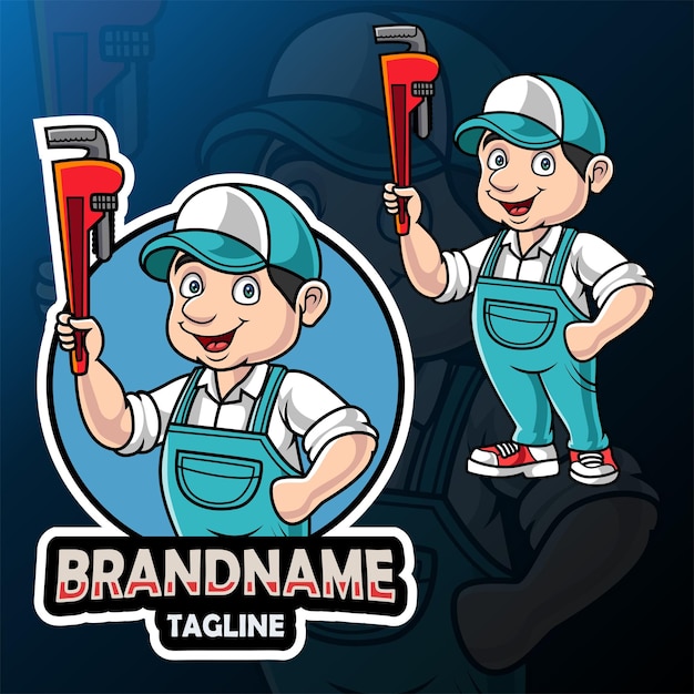 Vector cartoon plumber mascot design with big wrench