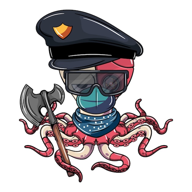 Vector cartoon police cyborg octopus character with safety glasses protection mask and a war axe illustration for fantasy science fiction and adventure comics