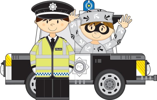 Cartoon Policeman and Police Car with Prisoner Emergency Services Illustration