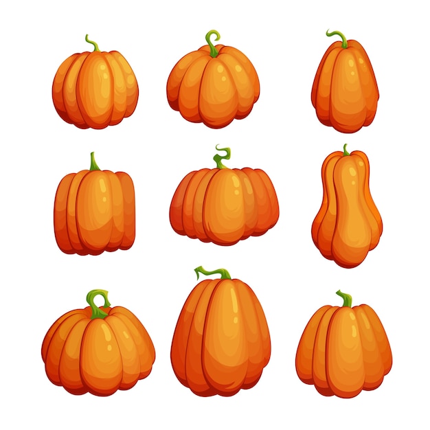 Cartoon pompoen set. Thanksgiving schattige clipart. Herfst symbool collectie