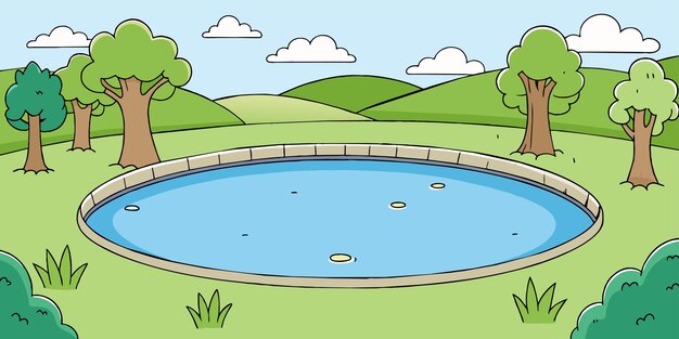 Vector a cartoon of a pool with a pond and trees in the background