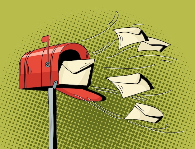 Vettore la cassetta postale di cartone animato pop art invia lettere. illustrazione disegnata a mano - consegna della posta con lettere volanti.