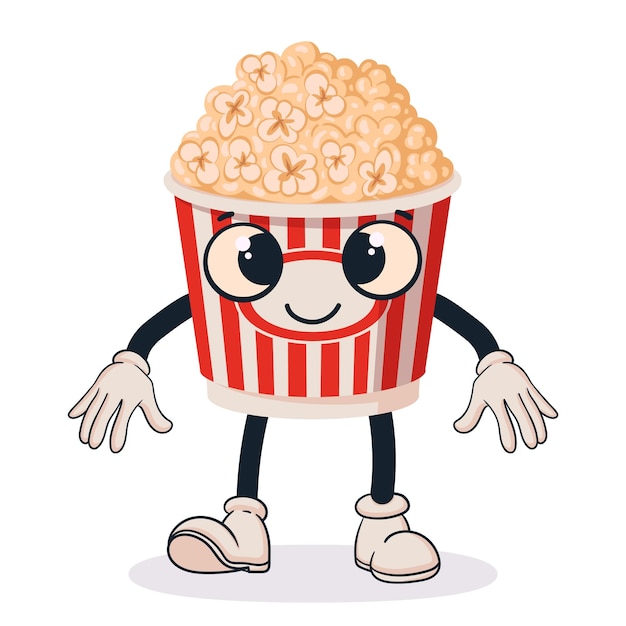 Cartoon popcorn emmer mascotte Rode popcorn beker schattig personage met emoties armen en benen platte vector illustratie