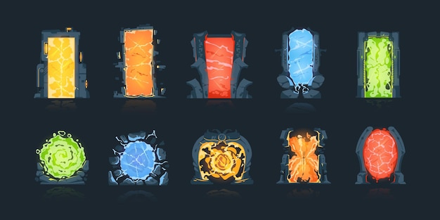 Vector cartoon portals magic fantasy game teleports circle and square abstract teleportation doors stone archway or doorway with colorful lighting auras vector gates set for transition between dimensions
