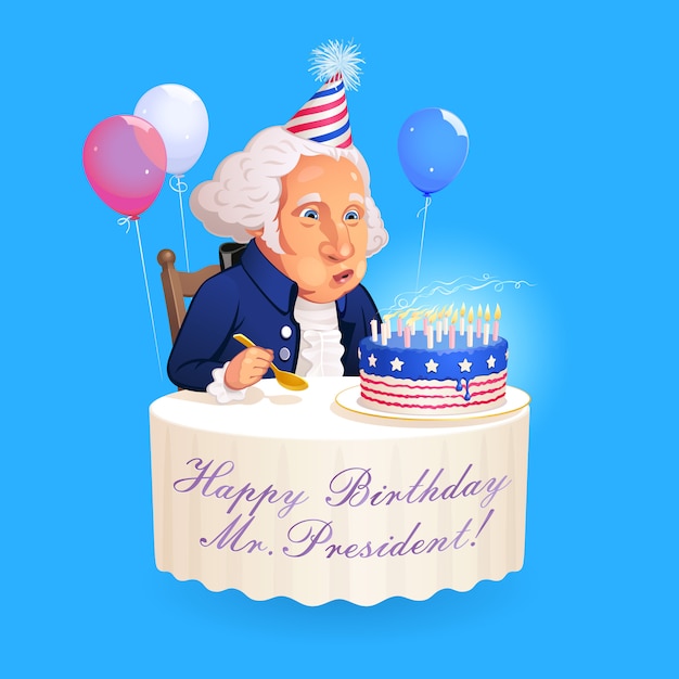 Cartoon portrait of president george washington. founding father sitting at the round table and blows out the candles on the birthday cake which is decorated in the style of american flag.