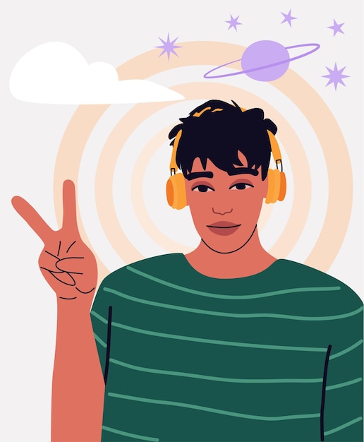 Cartoon portrait of young man in headphones with ok hand sign Positive masculinity concept