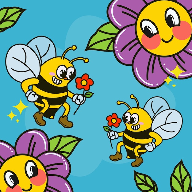 Мультяшный плакат пчел и цветов