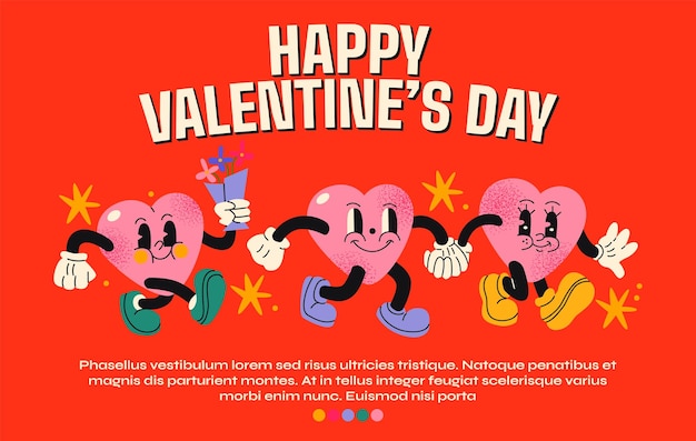 Cartoon poster characters heart Groovy hippie heart card for Valentines Day February 14th