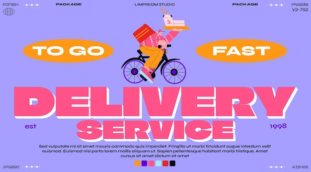 Cartoon poster fast delivery food delivery man character banner on bike ecommerce concept online