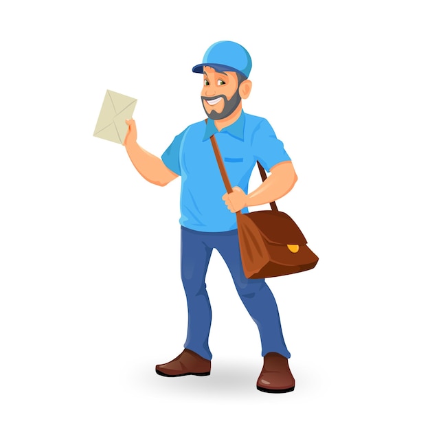Vector cartoon postman holding mail and bag